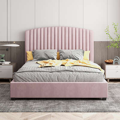 Camelia Double Size Bed Frame Pink Velvet Upholstery High Headboard