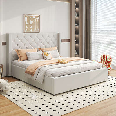 Veronica Bed Frame King Size Winged Grey Linen Fabric Seam Grid