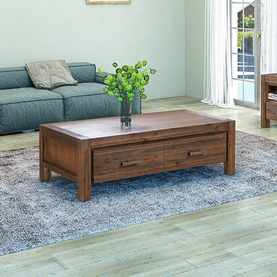 2 Drawers Storage Solid Acacia Wood & Veneer Coffee Table in Oak Colour 