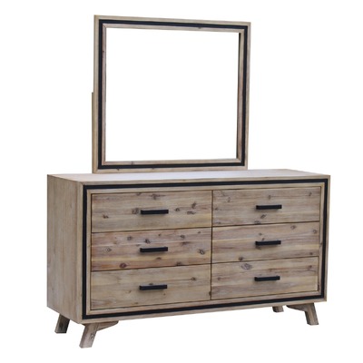 Dresser With 6 Storage Drawers In Solid Acacia With Mirror In Silver Brush