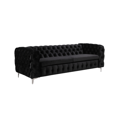3 Seater Sofa Classic Button Tufted Lounge in Black Velvet Fabric with Metal Legs