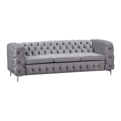 Grey Velvet Button-Tufted 3-Seater Lounge Sofa