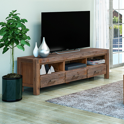TV Cabinet with 3 Storage Drawers with Shelf Solid Acacia Wooden Frame in Chocolate Colour Entertainment Unit