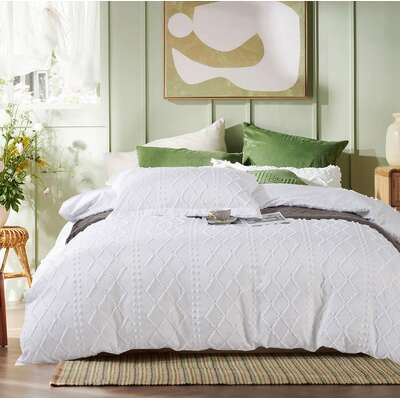 Tufted Boho Embroidery Quilt/Doona/Duvet Cover Set - White - Queen Size