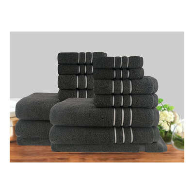 14Pc Classic Dobby Stripe Cotton Towel Set 650Gsm Charcoal