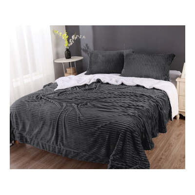 Stripe Flannel Sherpa Blanket King Charcoal