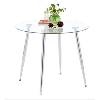 Glass Dining Table, Modern Round Kitchen Table, Modern Dinner Table with Spacious Tempered Glass Tabletop & Chromed Legs for Home & Office, 80x70cm
