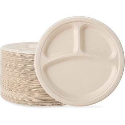 Disposable Sugarcane Bagasse 3-Compartment Paper Plates Eco 23Cm (9")