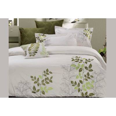 King Size Fantine Sylvan Green Leaf Pattern White Quilt Cover Set(3PCS)