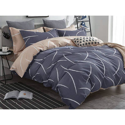 Queen Size Cotton White Curved Pattern Blue Grey Quilt Cover Set (3PCS)