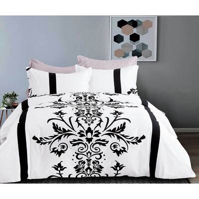Queen Size 3pcs Black White Damask Quilt Cover Set