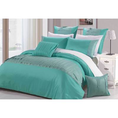 King Size 3pcs Turquoise Aqua Tuck Fold Fabric Quilt Cover Set