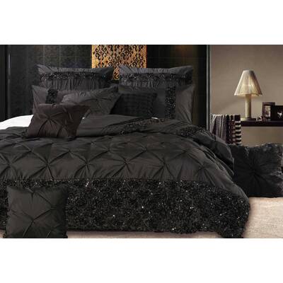 King Size Black Floral Sequins Quilt Cover Set(3PCS)