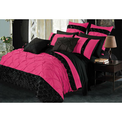 Queen Size Black & Hot Pink Sequins Quilt Cover Set (3PCS)