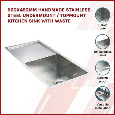 960x450mm Handmade 1.2mm Stainless Steel Undermount Topmount Kitchen Sink with Waste