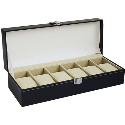 6 Slot Mens Watch Display Case Box Black Pu Leather