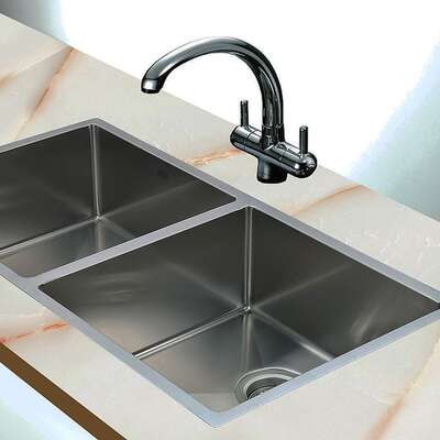 865x440mm Handmade 1mm Stainless Steel Double Bowl Kitchen Sink with Waste
