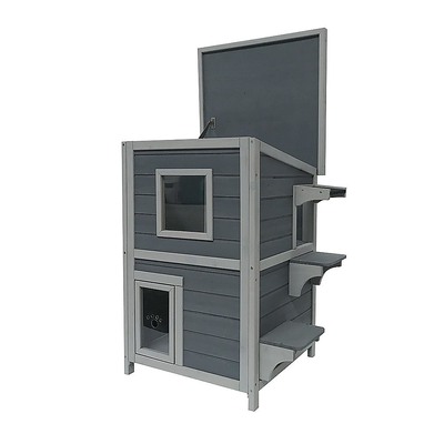 2 Story Weatherproof Indoor Outdoor Wooden Cat House-Grey and white