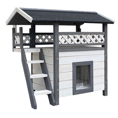 Cat House Weatherproof 2 Story Indoor Outdoor Wooden Bitumen Roof-Natural wood