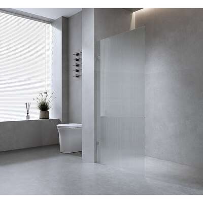 110cm Single Panel Reeded Glass Shower Screen Nickel Finish with F-Brackets & Pole