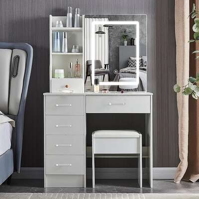 Dressing Table LED Makeup Mirror Stool Set Vanity Desk With Drawer Lighted