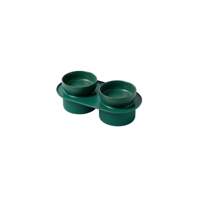Ribbed Ceramic Double Pet Bowl 3Pc Set - Emerald