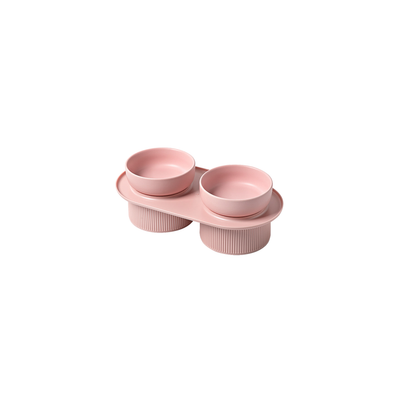 Ribbed Ceramic Double Pet Bowl 3Pc Set - Pink