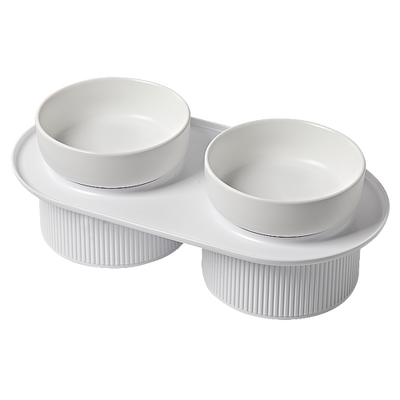 Ribbed Ceramic Double Pet Bowl 3Pc Set - White