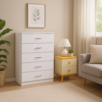 NNECN 5 Layer White Drawer Chest Storage with Bedside Table - Stylish