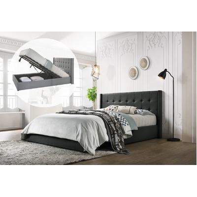 Double Sized Winged Fabric Bed Frame with Gas Lift Storage in Charcoal