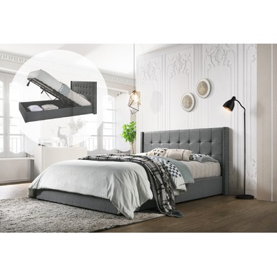 King Sized Winged Fabric Bed Frame with Gas Lift Storage in Light Grey