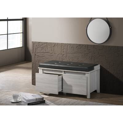 2 Drawers Bench Stool Storage Ottoman With Leather Upholstery In White Oak