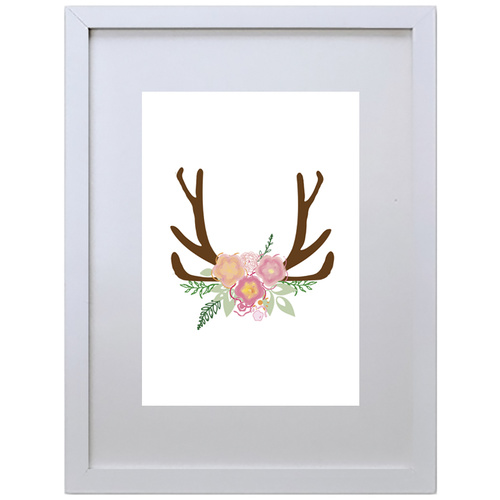Antlers Roses Watercolor (210 x 297mm, White Frame)