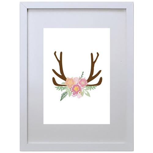 Antlers Roses Watercolor (210 x 297mm, White Frame)