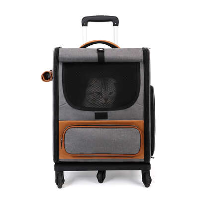 Grey Large Capacity Breathable Foldable Pet Trolley  Travel Cat Carrier 