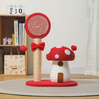 Red Durable Mushroom Cat Scratching Post - Anti-Slip, No Debris Cat Scratch Pad