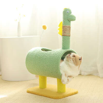 Green Dinosaur Cat Tree with Tunnel - Scratching Post & Playhouse