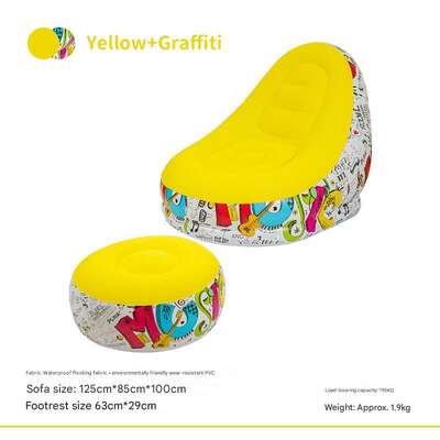 Yellow Graffiti Portable Inflatable Sofa Chair With Ottoman - Waterproof Flocked Lazy Sofa For Camping And Home Use