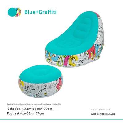 Blue Graffiti Portable Inflatable Sofa Chair With Ottoman - Waterproof Flocked Lazy Sofa For Camping And Home Use