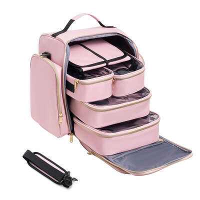 Large Capacity Travel Makeup Backpack with 5 Removable Organizer (pink)