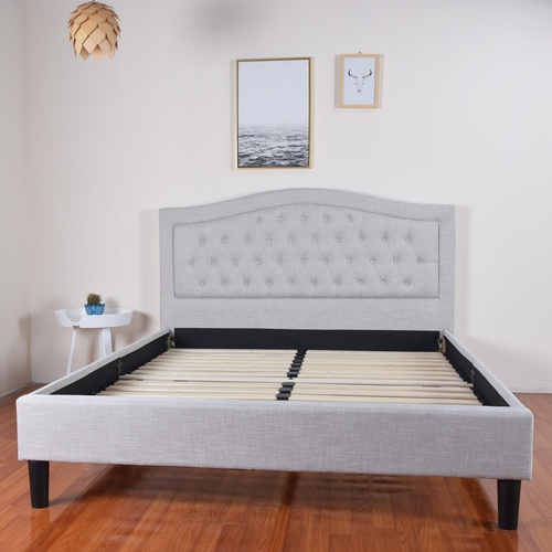 Coburg Queen Bed Beige Linen Fabric Upholstered