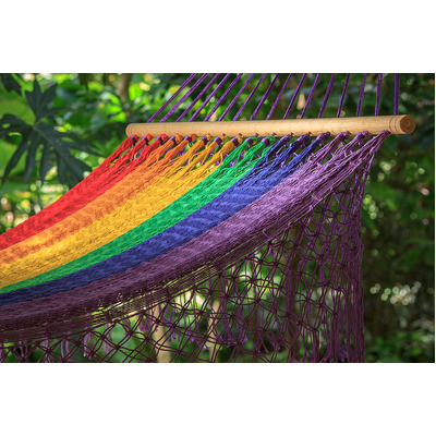 King Size Outdoor Cotton Mexican Resort Hammock With Fringe in Rainbow Colour