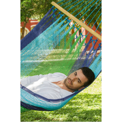 Queen Size Outdoor Cotton Mexican Resort Hammock No Fringe in Oceanica Colour