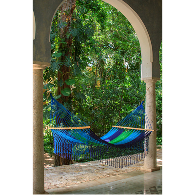 Queen Size Outdoor Cotton Mexican Resort Hammock With Fringe in Oceanica Colour