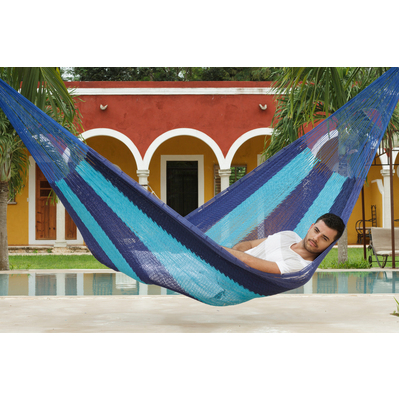 King Size Outdoor Cotton Mexican Hammock in Caribbean Blue Colour