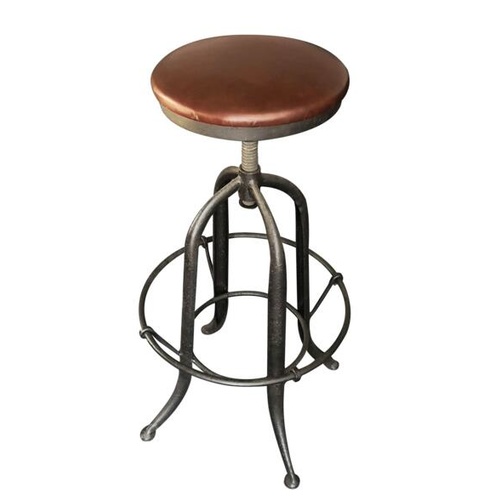 Industrial Bar Stool With Top Grain Leather Seat