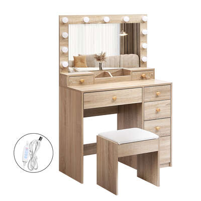 Compact Dressing Table Stool Set Oak - Soft Cushion Classic Durable
