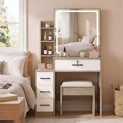 Dressing Table Vanity Set LED Mirror Stool Natural | EXTG