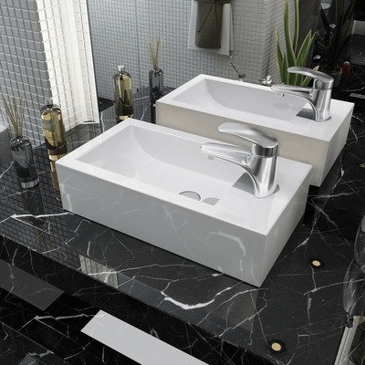 Basin with Faucet Hole Rectangular Ceramic White 