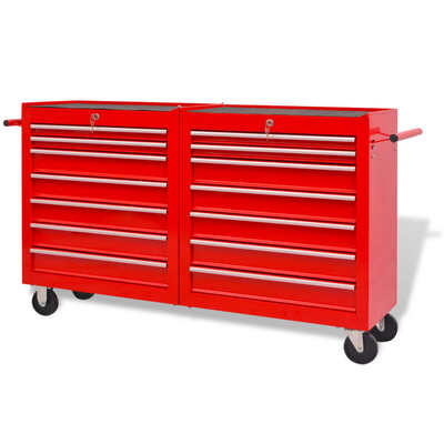 Workshop Tool Trolley with 14 Drawers Size XXL Steel Red